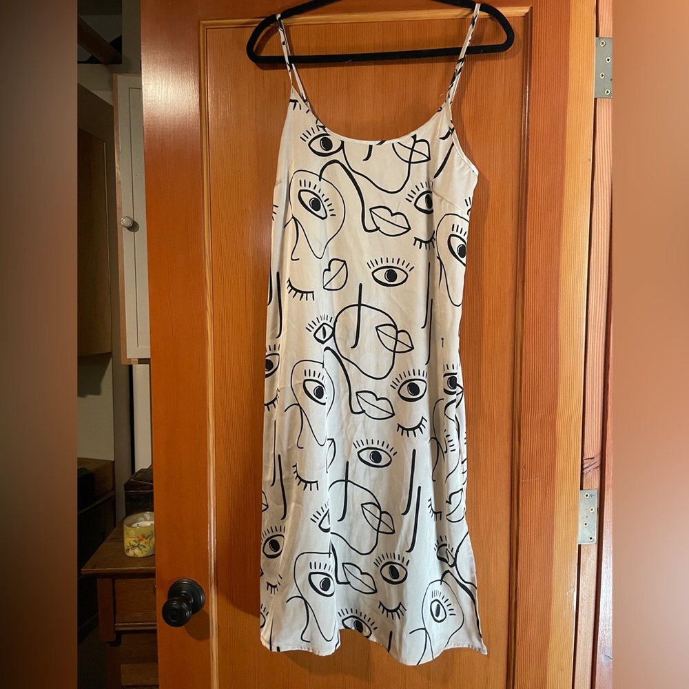 Surrealist faces silky slip Midi Dress nightwear M L 8